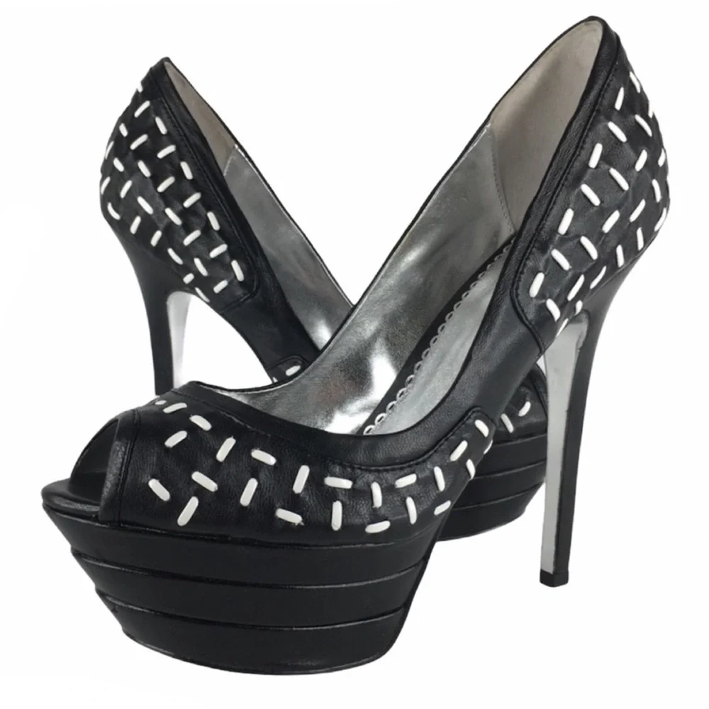 Y2K Bebe Platform Womens 8 Leather Black Stiletto Platform Leather Black Heels
